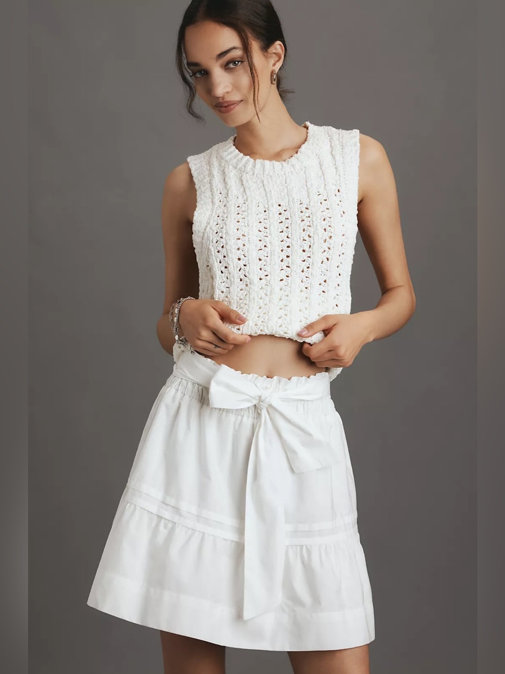Anthropologie small white Somerset Mini Skirt tiered belted bow women’s